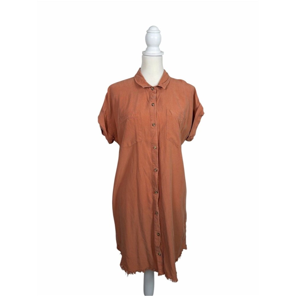 Thread & Supply Trieste Lyocell Shirt Dress Large Tangerine Raw Hem Button Front
